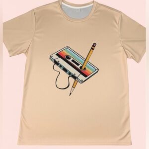 Men’s Apricot Retro Graphic T-Shirt with Cassette Design - Size XL
